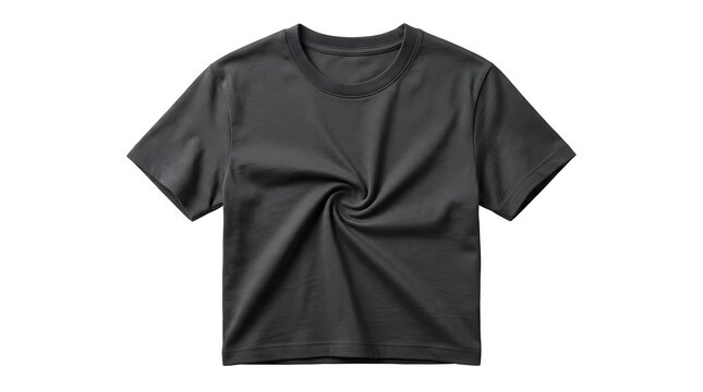 Blank dark grey t shirt mockup with spiral twist texture isolated on white background top view oversized crop tshirt layout