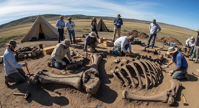 Team of scientists excavating large dinosaur bones in an open field