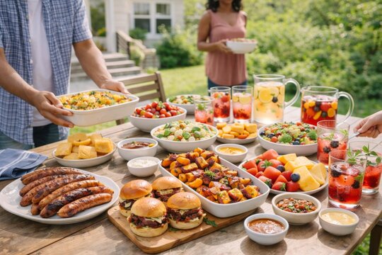 Outdoor courtyard backyard potluck with BBQ party food and refreshments on table