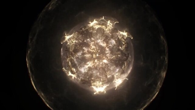 A shimmering golden energy from a supernova star explosion with complex light patterns in deep space.