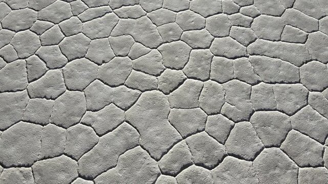 Interlocking salt polygons form a repeating pattern across the flat surface of Salinas Grandes, seen from above as an abstract geometric texture for science, mining or environment themes.