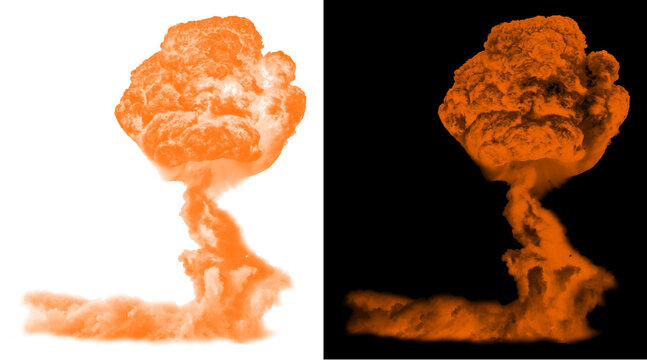 Orange mushroom cloud explosion, nuclear blast smoke effect on black and white backgrounds, atomic bomb fire cloud illustration