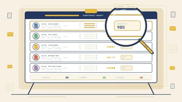 Contract audit interface reviewing legal documents and flagging a missing liability cap for review