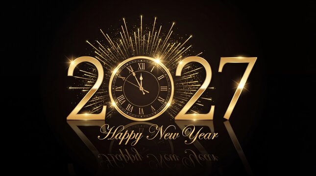 2027 Happy New Year gold typography with clock and fireworks on black background
