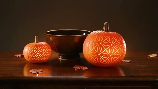 Decorative Autumn Halloween pumpkins with intricate geometric carvings on a rustic wooden table for seasonal holiday celebration