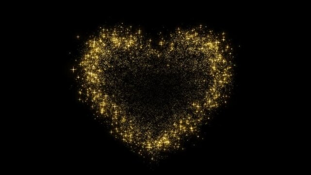 Golden stardust forming a glowing heart contour on a black background, featuring a blinking loop animation of twinkling sparkles ideal for a romantic widescreen presentation backdrop.

