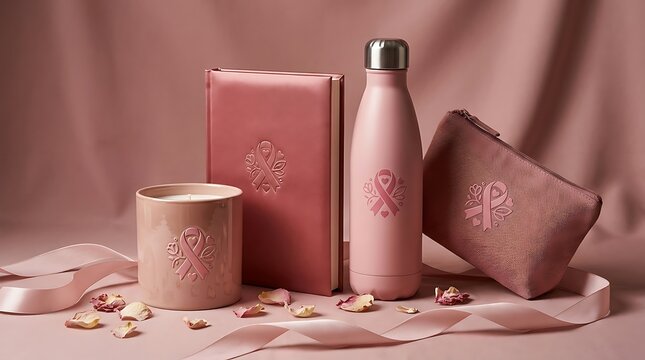 Pink Ribbon Breast Cancer Awareness Merchandise - Candle, Notebook, Water Bottle, and Pouch on Pink Background.