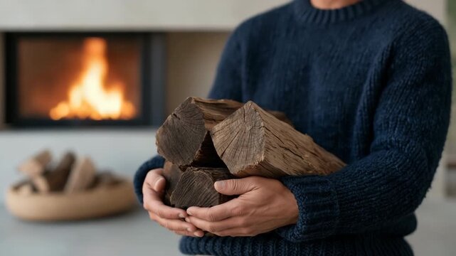 Man seated with a bundle of split logs in front of a burning fireplace for cozy home interior wallpaper and poster design