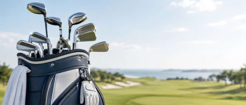 Golf clubs in bag on scenic golf course, sports theme, background