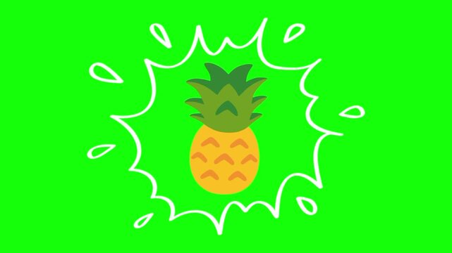Tropical pineapple fruit on water splash isolated animation. Animated vector motion graphic video on green screen or alpha channel. Illustration of fresh, organic, healthy fruits and food icon