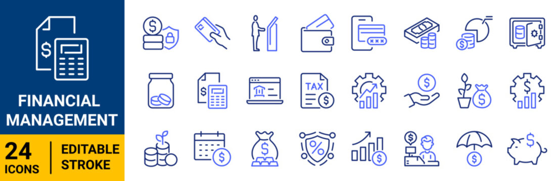 Financial Management set of 24 outline icons. Linear icon collection. Editable stroke.Blue duotone color. Vector illustration