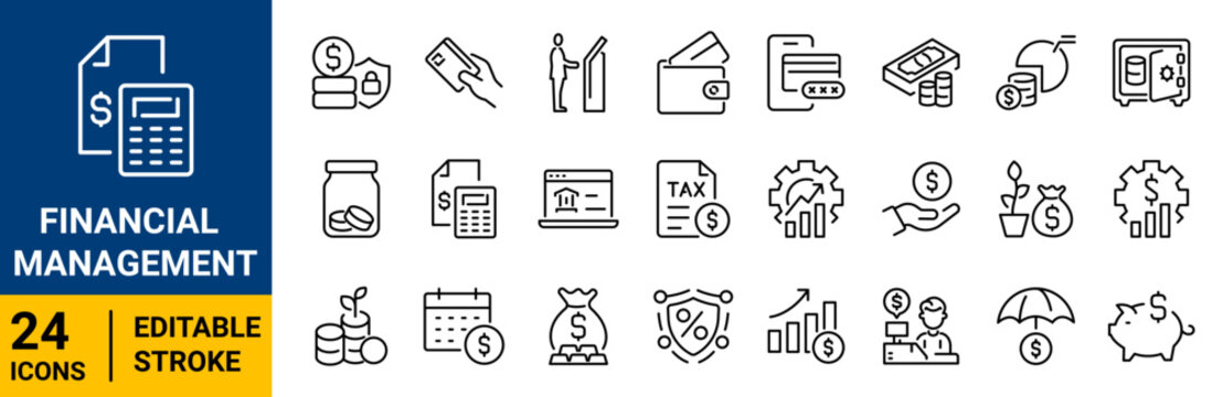 Financial Management set of 24 outline icons. Linear icon collection. Editable stroke. Vector illustration