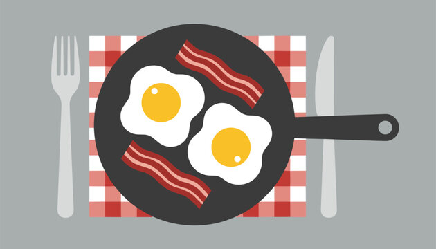 Overhead illustration of two sunny-side up eggs and bacon strips cooking in a pan on a checkered tablecloth.