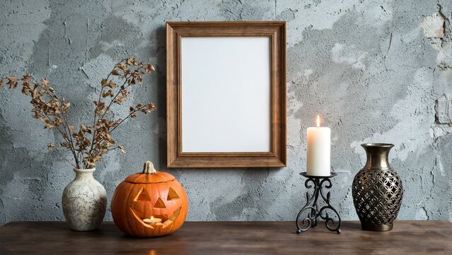 Autumn rustic Halloween home decoration with blank wooden frame on a weathered concrete wall, a carved pumpkin, dried branches, and a burning candle on a dark wooden table.