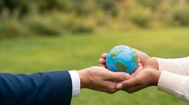 Hands of a business professional and another person holding a small Earth globe together against a green natural background
