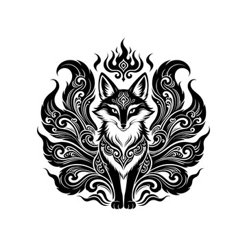 Mystical ornamental fox vector with flowing decorative tails and intricate Asian-inspired linework representing intelligence, adaptability and fortune.