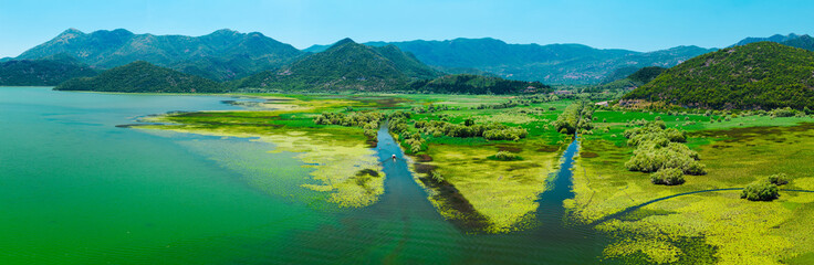 Aerial Panorama of Skadar Lake and Lily-Covered Wetlands