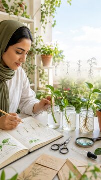 Woman studies botanical propagation on balcony, documenting plant cuttings in glass jars and notebook while examining leaves, gardening tools, and potted greenery in bright natural light with copyable