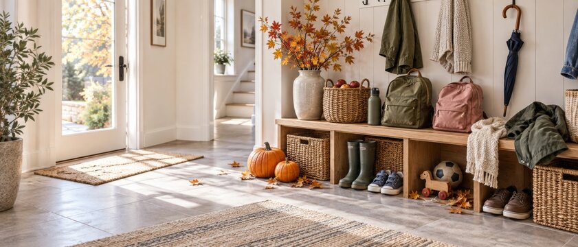 Autumn entryway decorated with pumpkins, fall foliage, woven baskets, boots, coats, and seasonal accents, creating warm Thanksgiving home styling with bright doorway, natural textures, and welcoming
