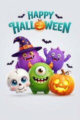 Fototapeta premium Happy Halloween Greeting Card with Cute 3D Monsters, Skull, and Jack-o'-lantern on White Background