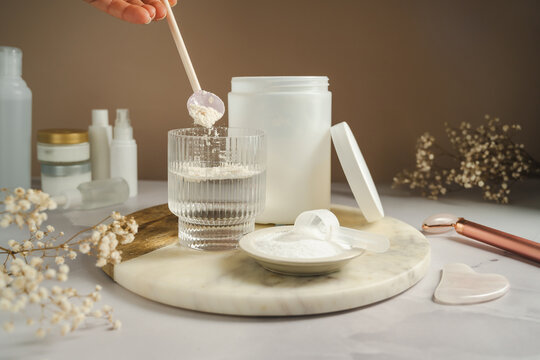 Collagen supplement preparation with beauty skincare and healthy aging concept
