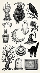 Fototapeta premium Vintage Halloween Tattoo Flash Set with Grim Reaper, Ghost, Jack-o-lantern, and Gothic Elements in Stipple Art Style