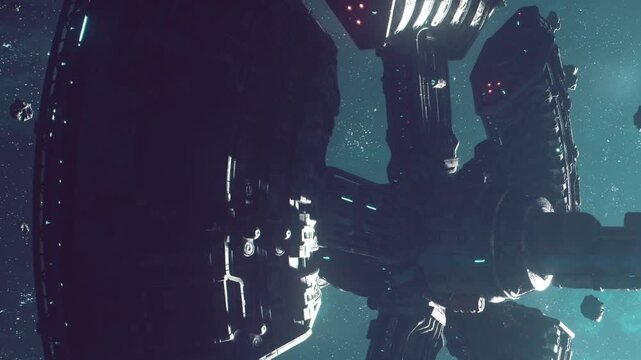A large spaceship floats in outer space surrounded by asteroids. The scene takes place at night with stars visible in the background. Bright lights illuminate the ship.