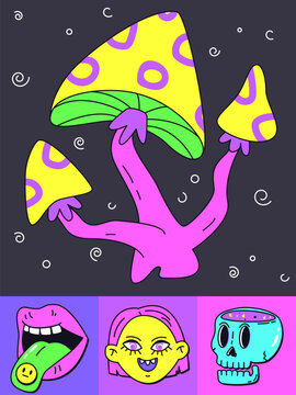 Cartoon drawing with trippy mushrooms, open mouth, girl head and skull