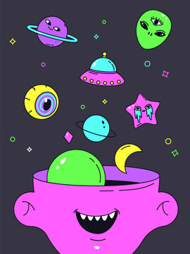 Surreal head spilling vibrant cosmic elements, representing imagination and weirdness