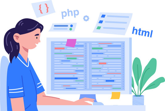 Woman coding software development creating web applications on computer screen