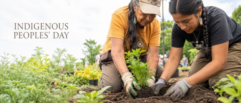 Indigenous Peoples Day community gardening scene with Native American adults planting seedlings outdoors, English greeting text, October observance, environmental stewardship, cultural identity, and
