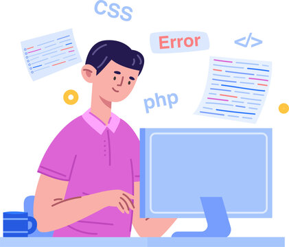 Male programmer creating software, facing and resolving bugs while developing applications