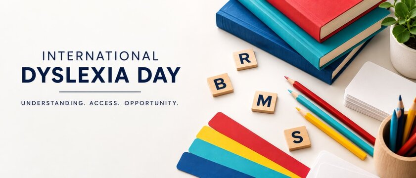 International Dyslexia Day banner with educational books, pencils, alphabet blocks, colorful ribbons, and English text promoting understanding, access, opportunity, and October 8 awareness campaign