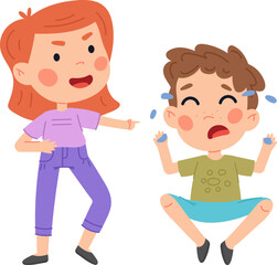 Fototapeta premium Girl pointing at crying boy experiencing bullying and sadness