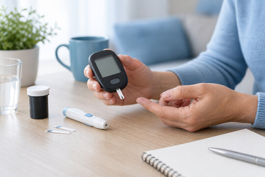 Diabetes Monitoring at Home: A person uses a glucometer to check their blood sugar level at a desk, surrounded by diabetes testing supplies.