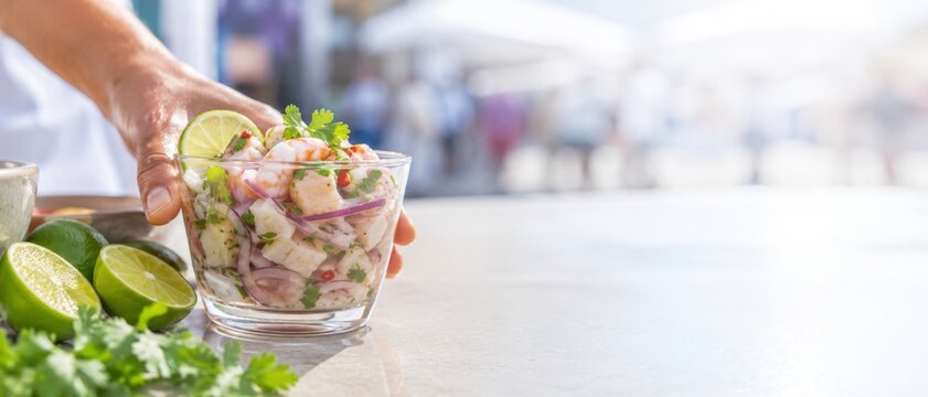 Latin American street food market featuring hand served ceviche with lime, onion, herbs, and seafood in glass dish, bright outdoor setting with generous copy space for Hispanic Heritage Month