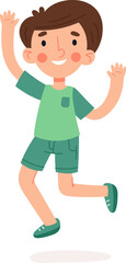 Obraz premium Cheerful boy jumping and waving his hands, celebrating with joy and energy