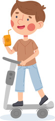 Fototapeta premium Happy childhood scene with boy holding beverage box while riding kick scooter