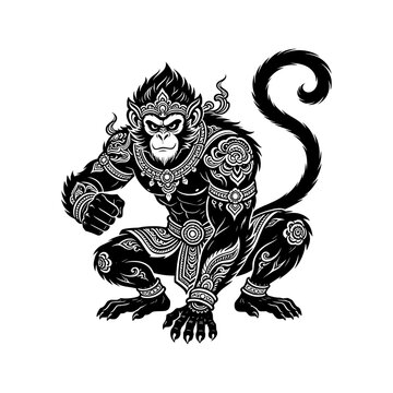 Mystical monkey guardian vector with intricate Southeast Asian-inspired ornamental detailing representing intelligence, agility, courage and loyalty.