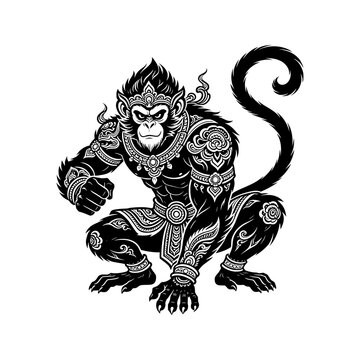 Mystical monkey guardian vector with intricate Southeast Asian-inspired ornamental detailing representing intelligence, agility, courage and loyalty.