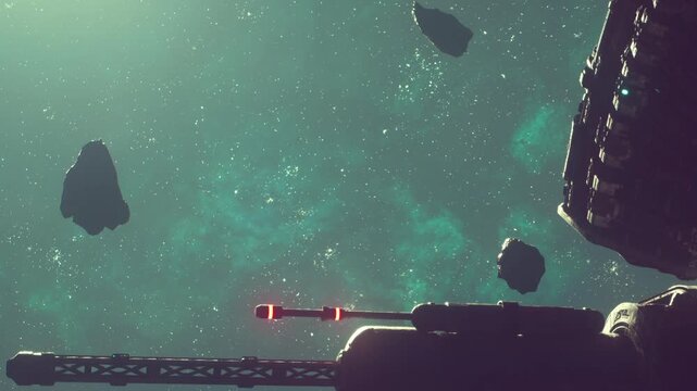 Asteroids float in space near a large space station. The view showcases a mixture of stars and galaxy colors. The scene captures a unique moment in outer space.