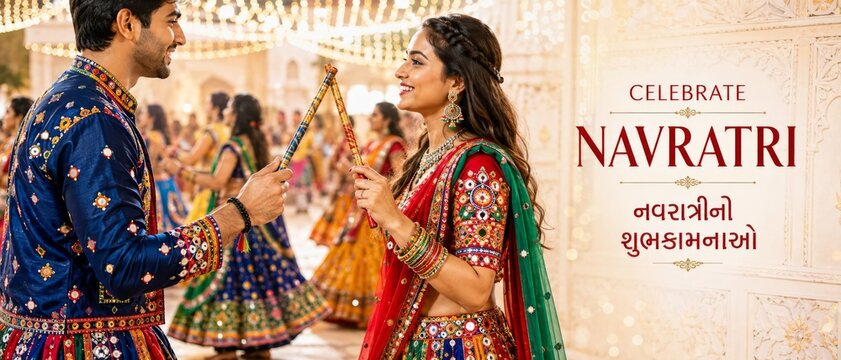 Navratri celebration with Indian couple holding dandiya sticks, colorful traditional clothing, Gujarati greeting text, festive dance setting, and copy space for October holiday marketing, cultural, or
