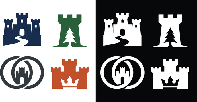 Minimalist fort and castle flat logo designs in solid colors.
