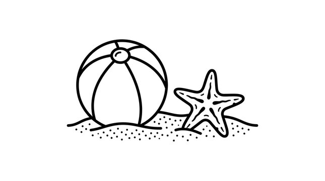 Summer Beach Ball and Starfish in Sand Vector Line Art Icon