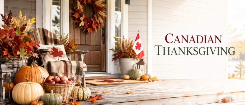 Canadian Thanksgiving Day porch display with pumpkins, autumn wreath, maple leaf flag, harvest baskets, and English greeting text, creating warm seasonal background for holiday marketing, invitations,