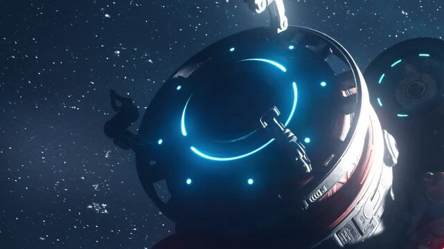 A spaceship orbits in space with bright blue lights. The scene shows stars and dark space in the background. Astronauts may be near the ship, working on tasks.