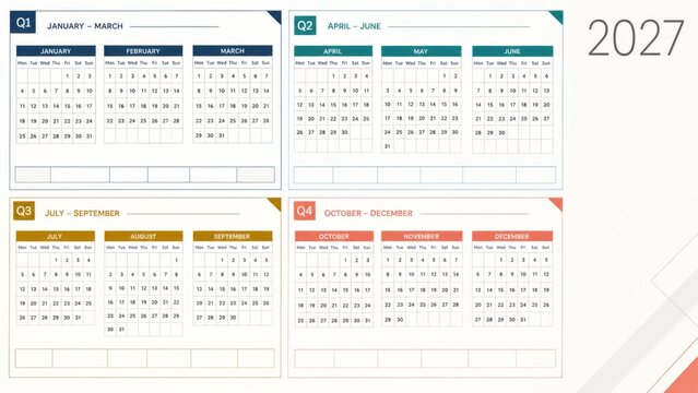 2027 quarterly calendar planner displaying four seasonal three month sections, monthly grids, notes areas, and year label in clean modern layout for office scheduling, business planning, and printable