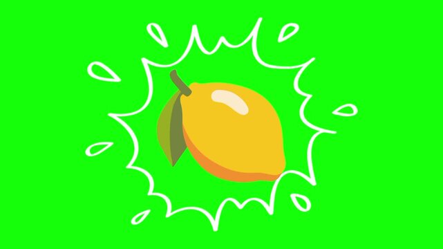 yellow lemon, citrus fruit on water splash isolated animation. Animated vector motion graphic video on green screen or alpha channel. Illustration of fresh, organic, healthy fruits and food icon