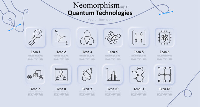 Quantum technologies set icon. Key form, temperature graph, trefoil knot, wave surface, binary matrix, atom chip, quantum circuit, flowchart diagram, orbiting atom, bar chart, molecule lattice