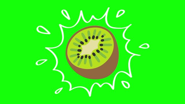 half kiwi on water splash, isolated fruit animation. Animated vector motion graphic video on green screen or alpha channel. Illustration of fresh, organic, healthy fruits and food icon